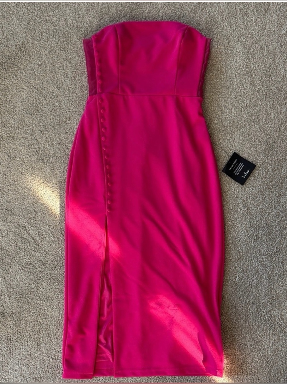 NWT Lulus Strapless Pink Midi Dress with sheer side panel, button details & slit - Picture 2 of 13